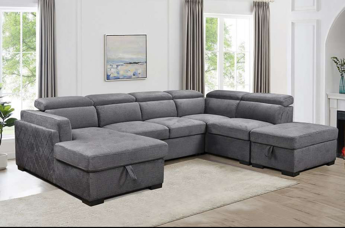 Angled view of the Ezzy U-Shaped Sectional Sofa with the hidden pull-out bed fully extended, demonstrating the spacious sleeping area.