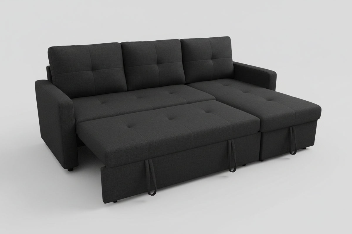 Full view of the Fabric Reversible Sectional Sofa, showcasing the storage chaise and the pull-out sleeper function ready for use.