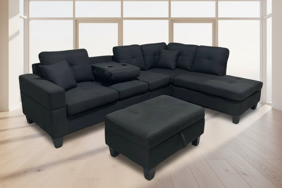 Full view of the Fabric Reversible Sectional Sofa, showcasing the storage ottoman and the center backrest folded down to reveal the integrated cup holders.