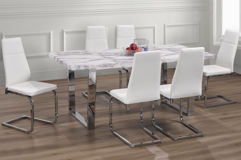 Full view of the Faux Marble 7-Piece Dining Set, showcasing the marble-look table top, chrome base, and six upholstered dining chairs.