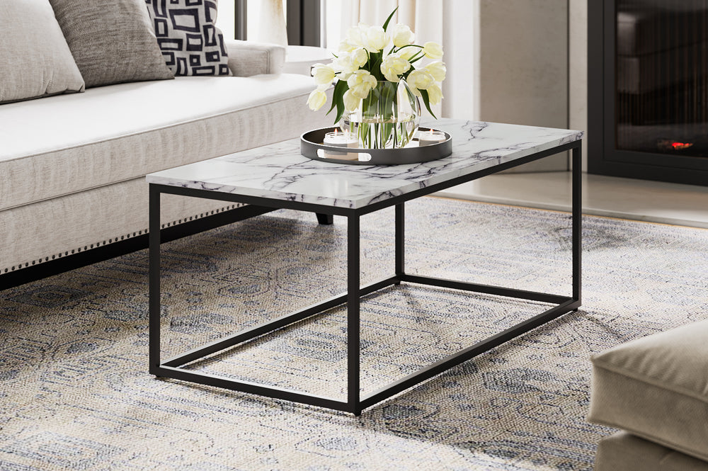 Full view of the Faux Marble Coffee Table, showcasing the white marble-look top and the architectural black metal cube frame base.