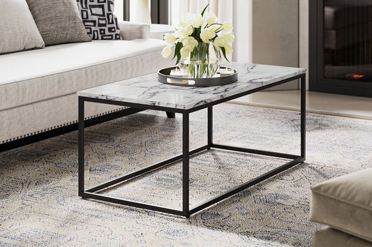 Full view of the Faux Marble Coffee Table, showcasing the white marble-look top and the architectural black metal cube frame base.