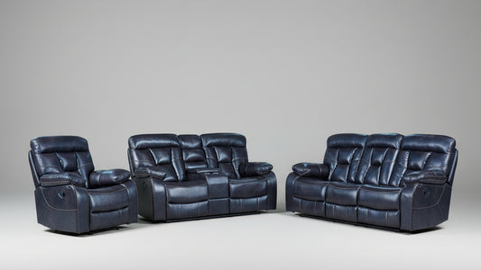 Full view of the Gaston Brown Leather Manual Recliner 3-Piece Set, showing the sofa, loveseat, and chair arranged in a classic living space.