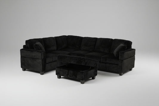 Full view of the Gillian 105-Inch Corduroy Sectional Sofa, showcasing the large size, reversible chaise, and the versatile storage ottoman.