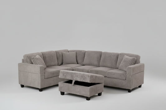 Full view of the Gillian Grey 105-Inch Corduroy Sectional Sofa, showcasing the large size, reversible chaise, and the versatile ottoman.