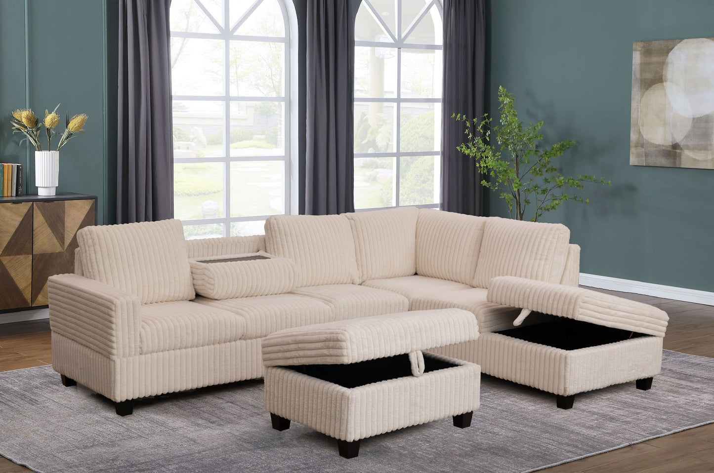Full view of the Glory Beige 105-Inch Corduroy Sectional Sofa, showcasing the large size, reversible chaise, and the versatile storage ottoman.