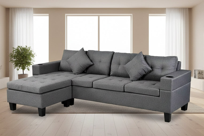 Grey Reversible 4-Seater Fabric Sectional Sofa with Cupholders