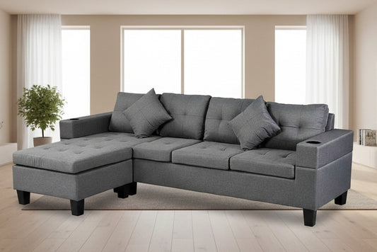Grey Reversible 4-Seater Fabric Sectional Sofa with Cupholders