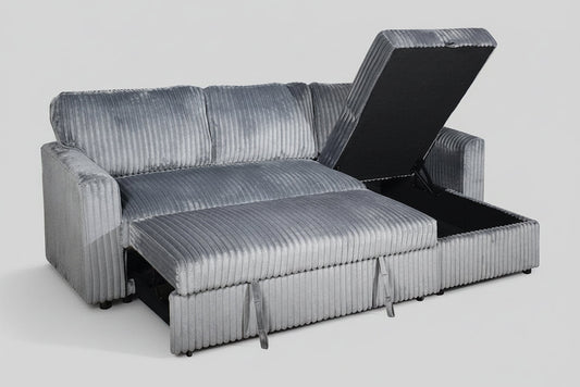 Full view of the Grey Corduroy Reversible Sectional Sofa, showcasing the ribbed fabric texture, reversible chaise, and the pull-out sleeper extended.