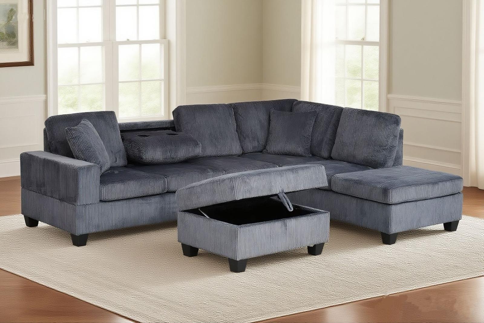 Full view of the Grey Corduroy Reversible Sectional Sofa, showcasing the ribbed fabric and the versatile ottoman with the lid flipped to display the tray top.