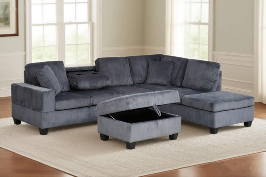 Full view of the Grey Corduroy Reversible Sectional Sofa, showcasing the ribbed fabric and the versatile ottoman with the lid flipped to display the tray top.
