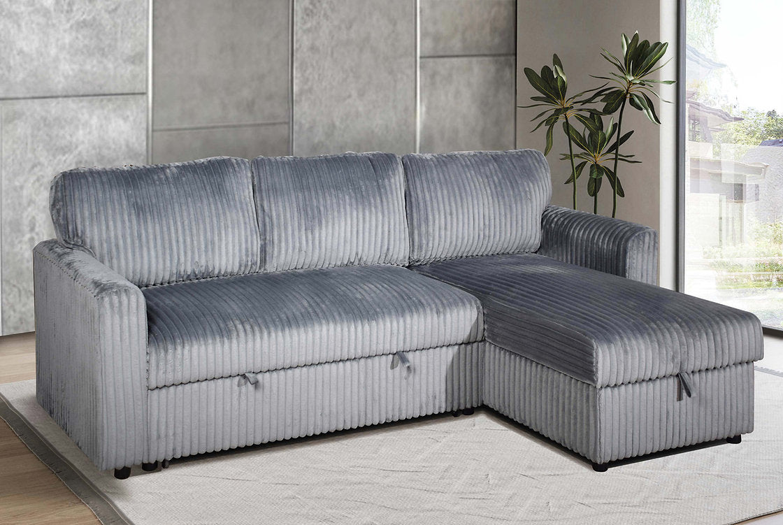 Close-up detail of the Grey Corduroy fabric, highlighting the unique ribbed texture and deep seating cushions.