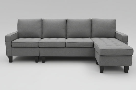 Grey Reversible Linen Fabric 4-Seater Sectional Sofa with Chaise