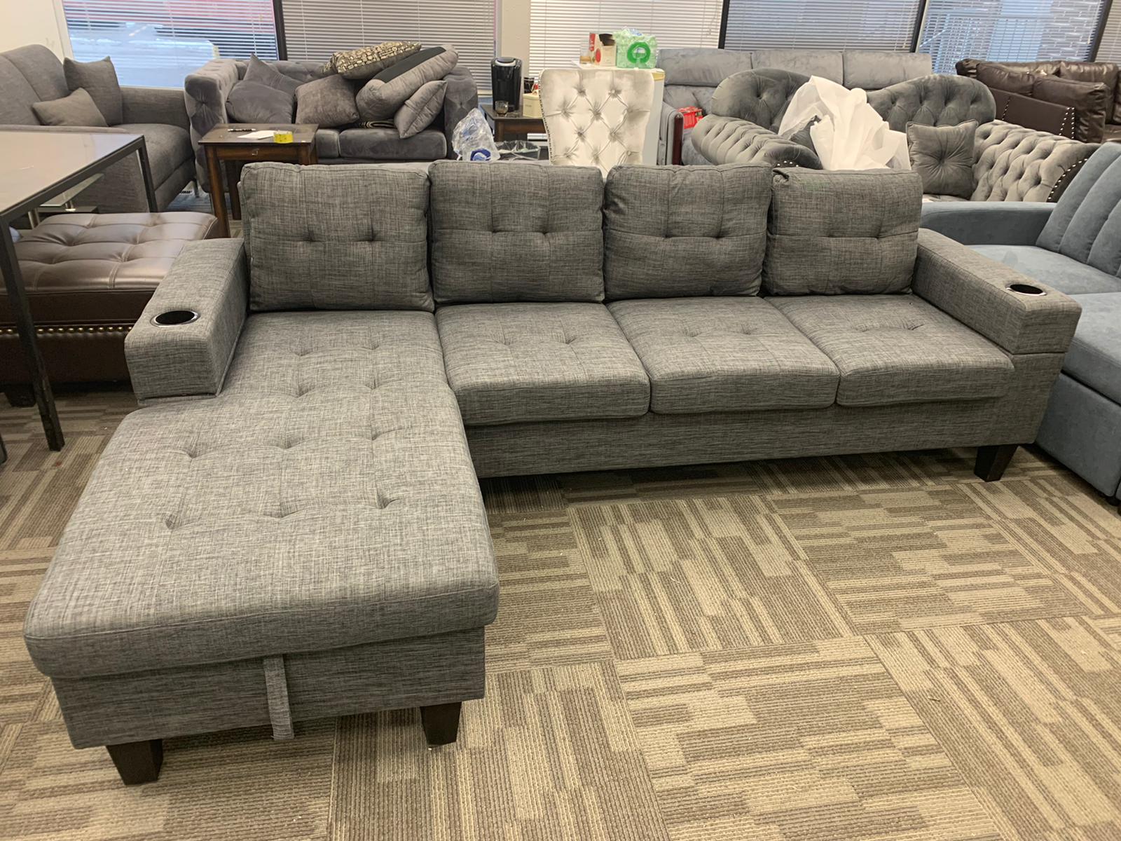 Angled view of the sectional highlighting the durable Grey Linen fabric and the comfortable, fixed Left-Hand Facing Chaise.