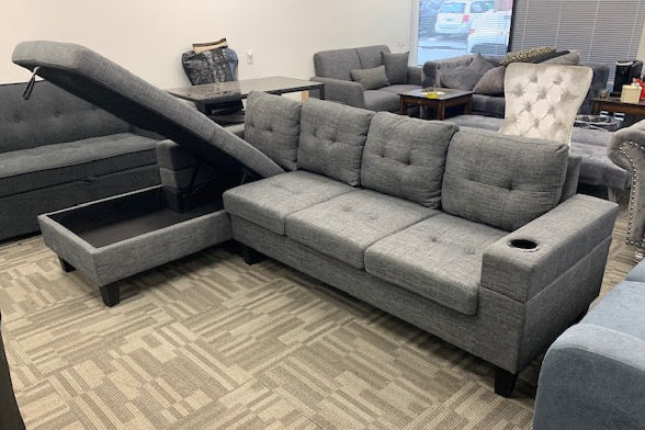 Grey Linen Fabric Left-Facing Sectional Sofa with Storage Cup Holders