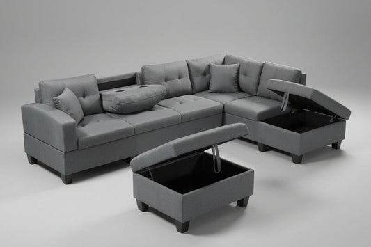 Full view of the Grey Linen Fabric Sectional Sofa, showcasing the textured fabric, the fixed Right-Hand Chaise, and the matching storage ottoman.