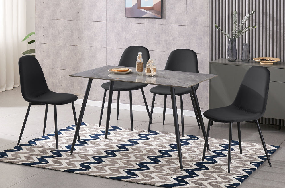 Grey Marble Sintered Stone 5-Piece Dining Set with Velvet Chairs