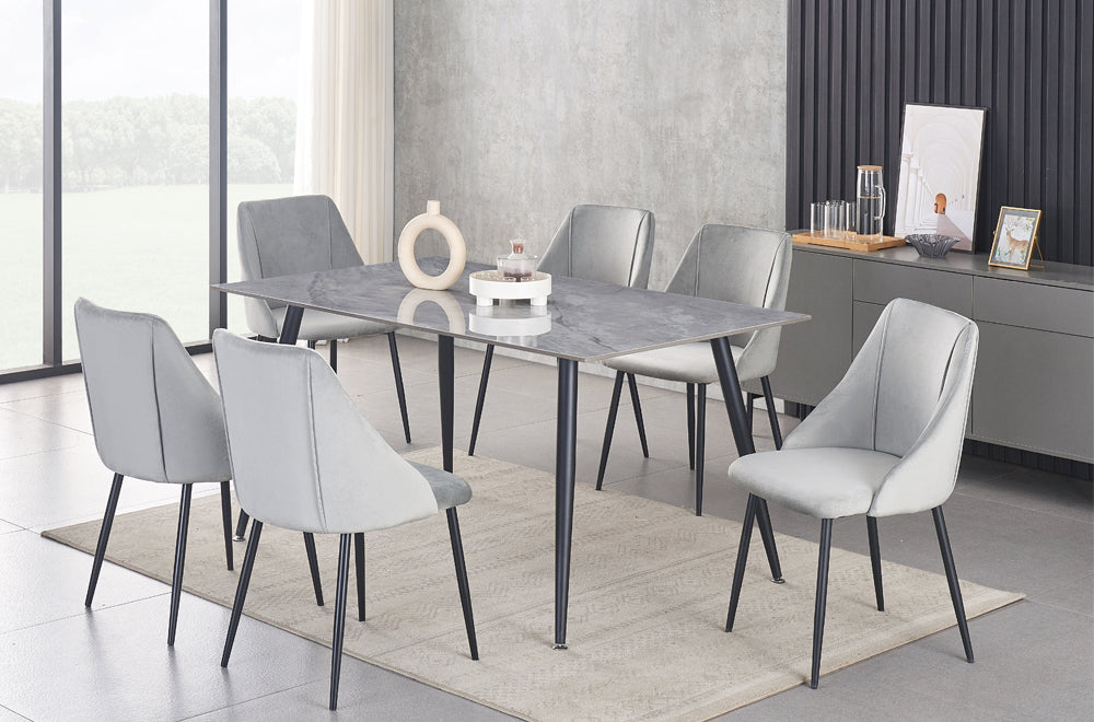 Full view of the Grey Marble Sintered Stone Dining Set, showcasing the sleek grey marble-look table top and six upholstered velvet chairs.