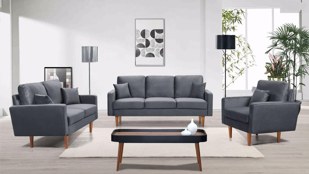 Full view of the Grey Velvet 3-Piece Set, showcasing the sofa, loveseat, and chair arranged in a modern living space.