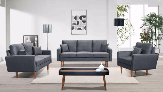 Full view of the Grey Velvet 3-Piece Set, showcasing the sofa, loveseat, and chair arranged in a modern living space.