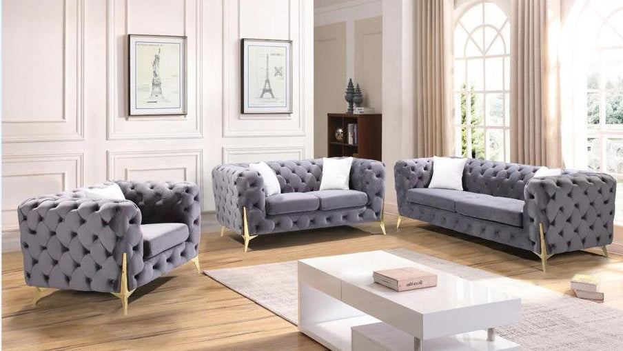 Full view of the Grey Velvet Button-Tufted 3-Piece Upholstered Set, showcasing the matching sofa, loveseat, and chair in a coordinated room.