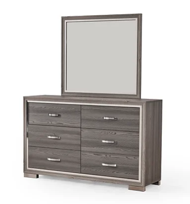 The modern dresser and mirror from the Grey Velvet set, showing the clean lines and matching grey case goods.