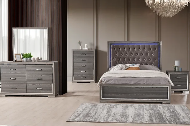 Full view of the Grey Velvet 5-Piece Bedroom Set, showcasing the upholstered LED headboard, dresser, mirror, and two nightstands.