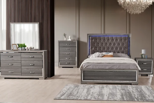 Full view of the Grey Velvet 5-Piece Bedroom Set, showcasing the upholstered LED headboard, dresser, mirror, and two nightstands.