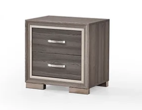 The matching nightstand from the Grey Velvet set, highlighting its design and the reflective or metallic drawer pulls.