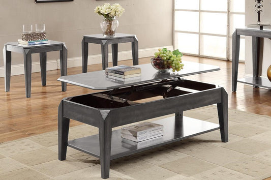 Full view of the Grey Wood Lift-Top Coffee Table in the closed position, showcasing the grey wood finish, the cut corners, and the overall design.