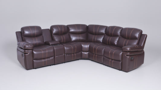 Full view of the Hamilton Brown Air Leather Recliner Sectional Sofa, showcasing its large size and multiple reclining seats with supportive headrests.