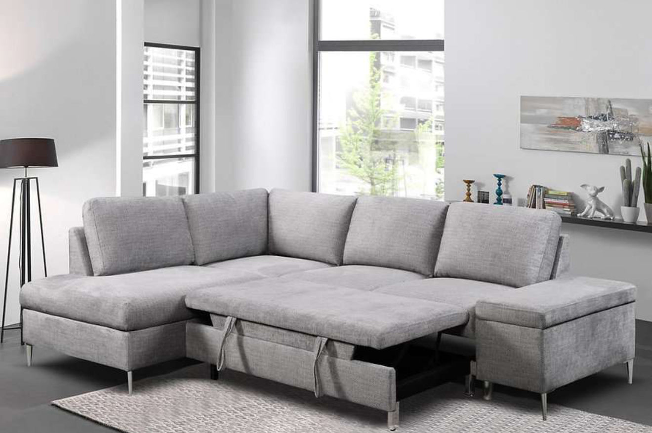 Full view of the Hamilton Grey Linen Sectional Sofa Bed, showcasing the textured fabric, the sectional configuration, and the matching storage ottoman.