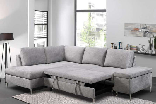Full view of the Hamilton Grey Linen Sectional Sofa Bed, showcasing the textured fabric, the sectional configuration, and the matching storage ottoman.