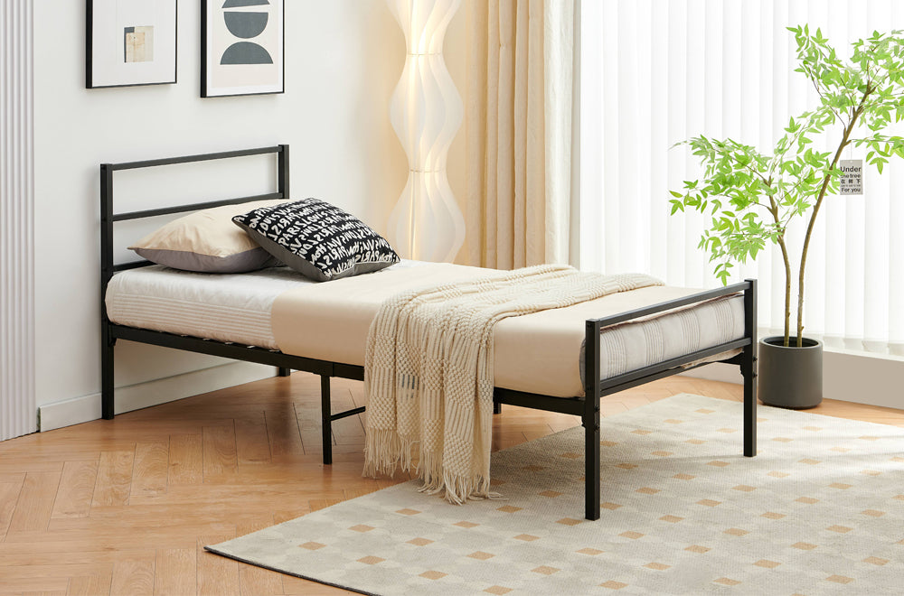 Industrial strength black metal platform bed frame with slatted headboard