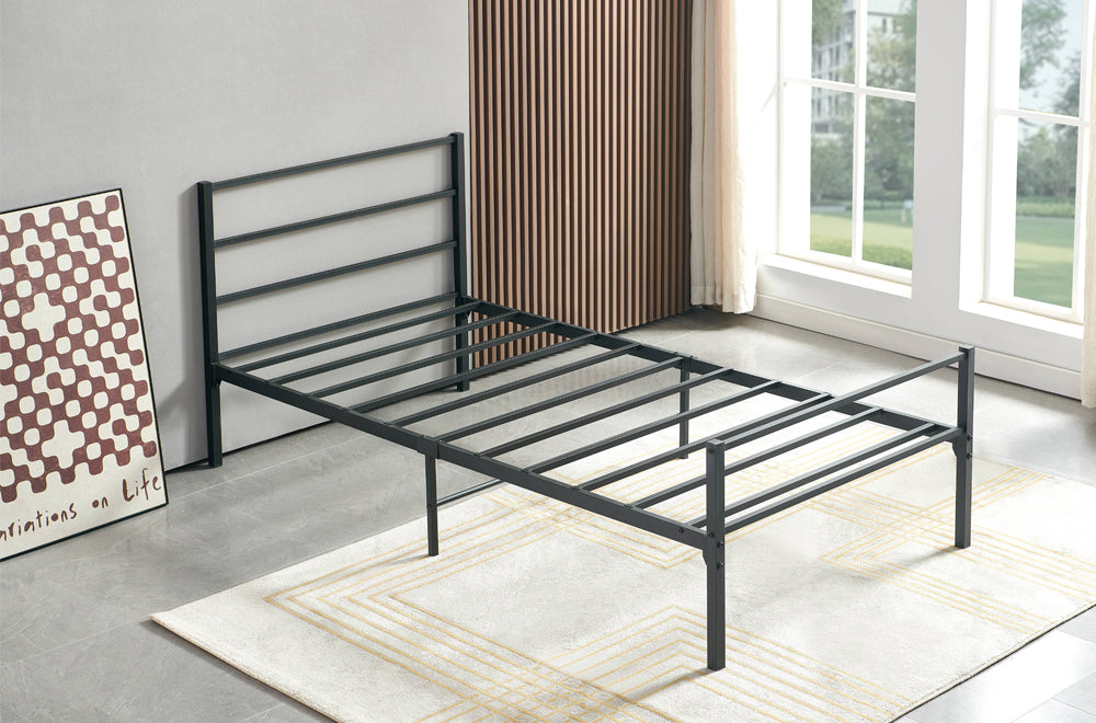 Minimalist industrial bed frame with interlocking metal slats and sturdy legs