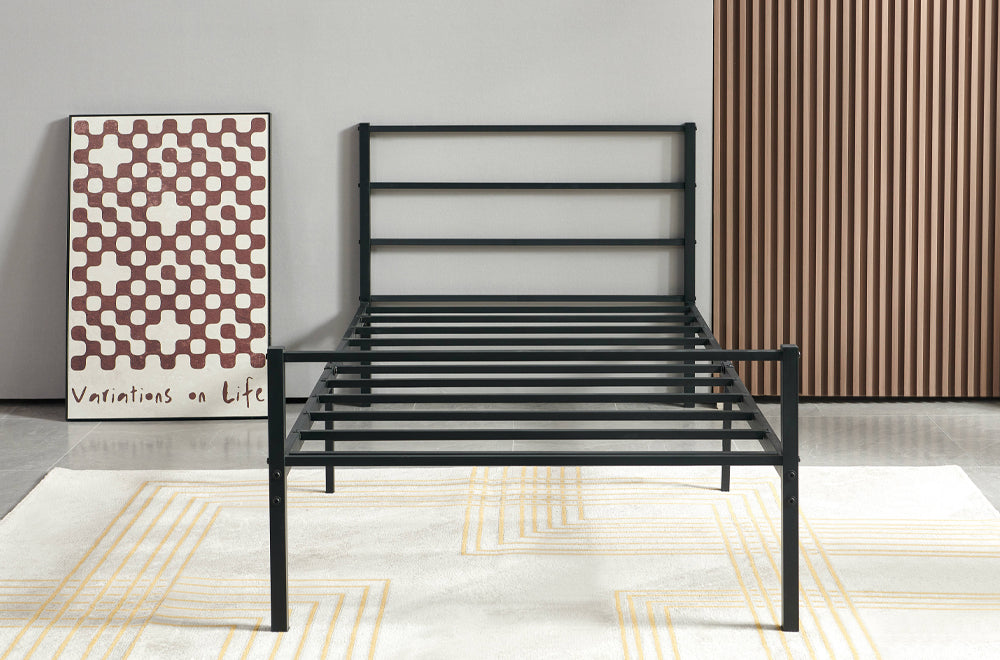 Contemporary black platform bed with slatted headboard, no box spring needed