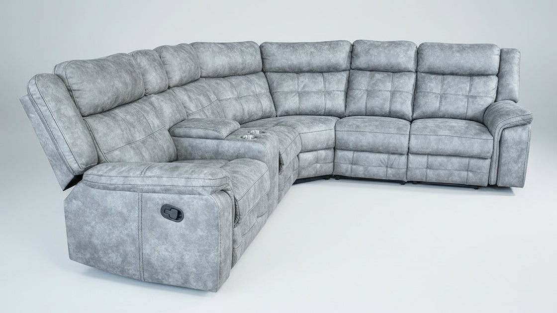 Full view of the Ivan Grey Fabric Manual Recliner Sectional Sofa, showcasing the large corner shape and the central storage console with cup holders.
