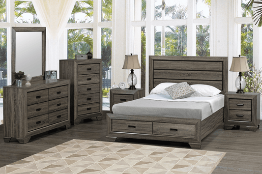 Full view of the Jenna Distressed Grey Storage Bedroom Set, highlighting the hardwareless drawers, storage bed, and rustic finish.