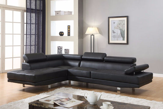 Full view of the Jenny Black Air Leather Sectional Sofa, showcasing the sleek, fixed Left-Hand Facing (LHF) configuration and adjustable headrests.