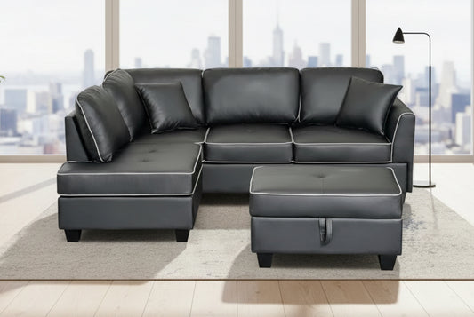 Full view of the Jupiter Black 88-Inch Leather Sectional Sofa, showcasing the sleek upholstery, reversible chaise, and the versatile matching ottoman.