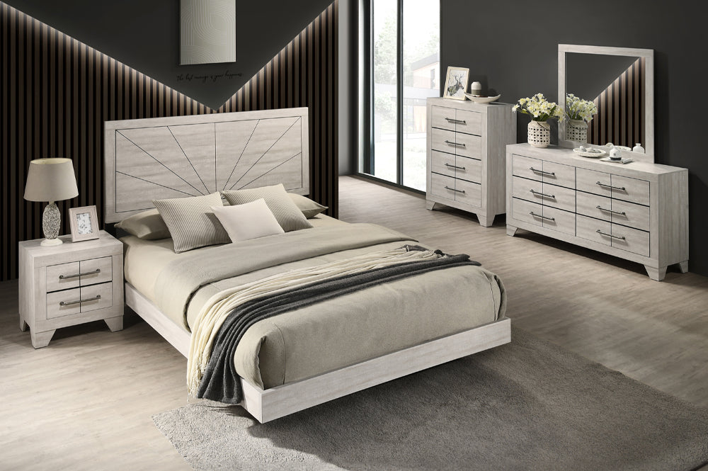 Full view of the Katrina Distressed Grey Bedroom Set, showcasing the platform bed, etched detailing on the headboard, dresser, and mirror.