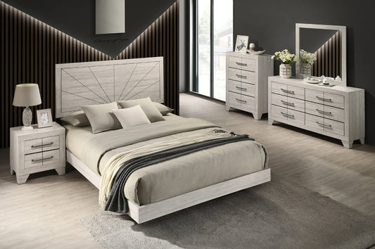 Full view of the Katrina Distressed Grey Bedroom Set, showcasing the platform bed, etched detailing on the headboard, dresser, and mirror.