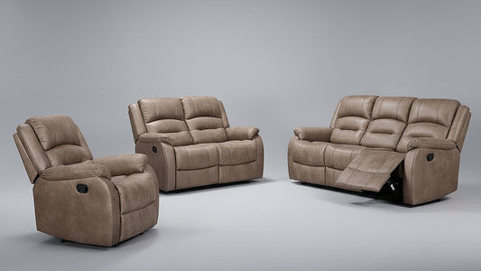 Full view of the Larissa Caramel Fabric Manual Recliner 3-Piece Set, showing the sofa, loveseat, and chair with deep padding and neutral color.