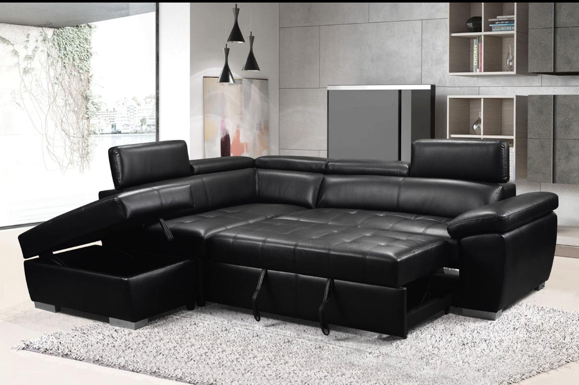 Full view of the Lauren 100-inch Leather-Gel Sectional Sofa, showcasing the adjustable headrests and the pull-out sleeper function extended.