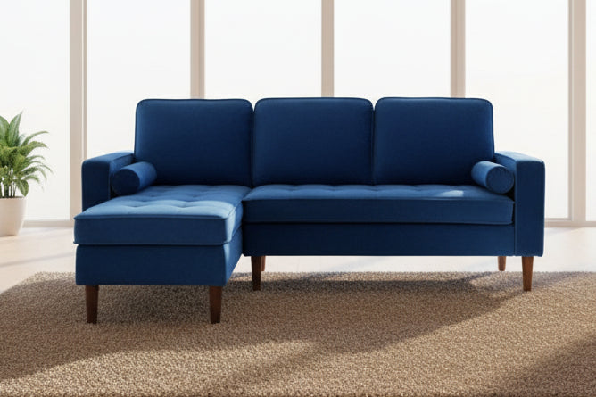 Full view of the Blue Velvet Sectional Sofa, showcasing the rich fabric and the L-shape configuration with the chaise on the left-hand side (LHF).
