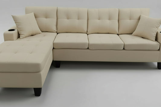 Reversible 4-Seater Linen Fabric Sectional Sofa with Chaise Cupholders