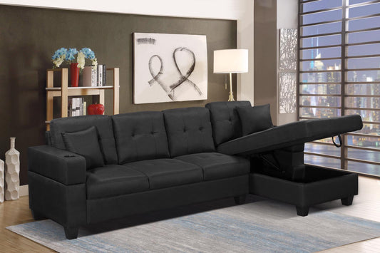 Full view of the Linen Fabric Sectional Sofa, showcasing the fixed Right-Hand Chaise (RHF) and the functional center console with integrated cup holders.
