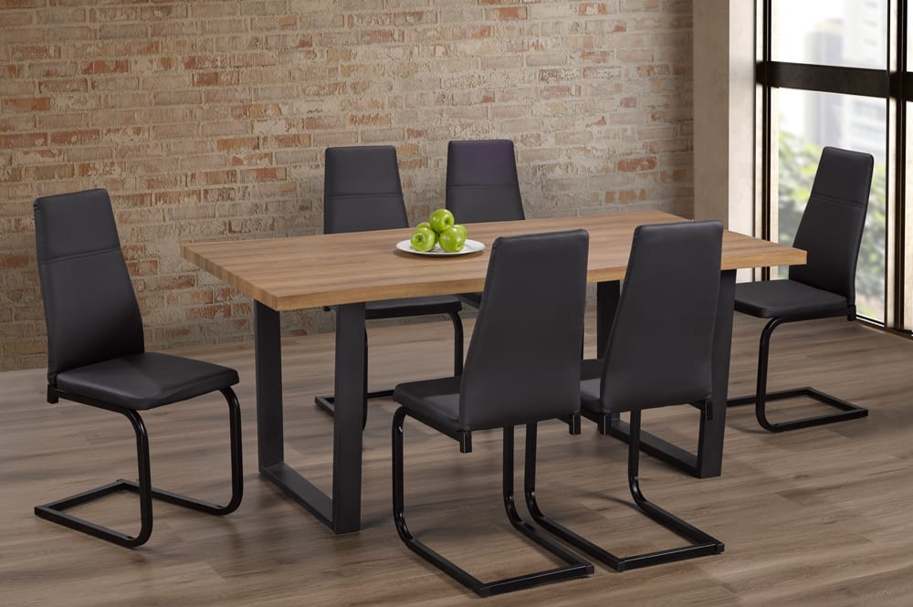 Full view of the 7-Piece Live Edge Distressed Oak Dining Set, showcasing the table's natural wood edge and sleek black metal leg base.