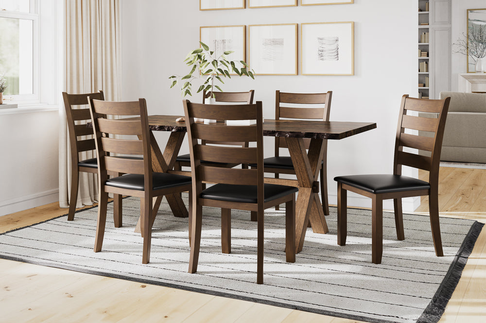 Full view of the Live Edge Distressed Walnut Solid Wood Dining Set, showcasing the heavy, natural-edge table and six matching chairs.