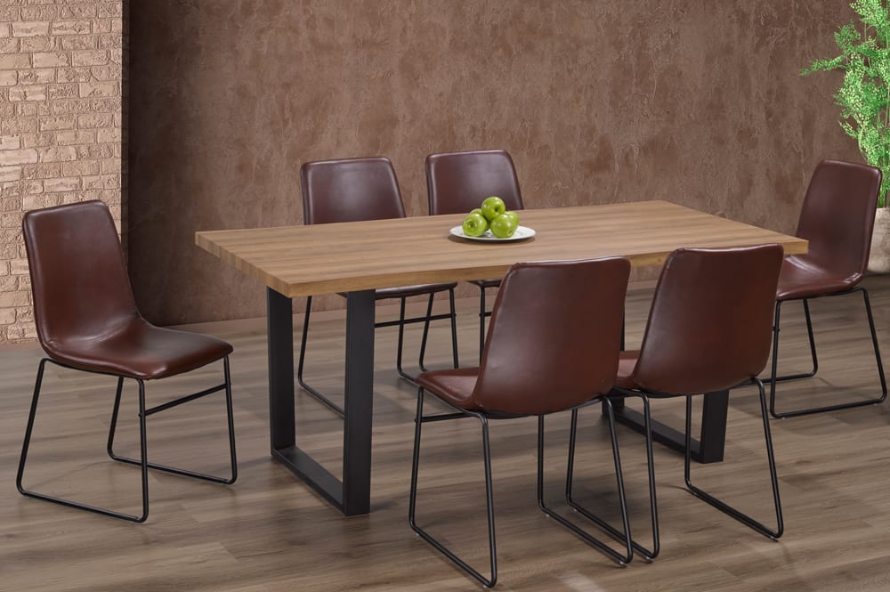 Full view of the Live Edge Oak Veneer Dining Set, featuring the table's natural-look edge and six chairs upholstered in easy-to-clean leatherette.